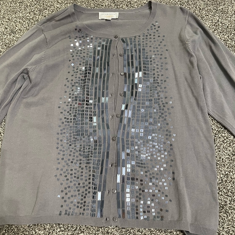 Victor Costa Occasion gray Embellished long sleeve sweater button up Cardigan L